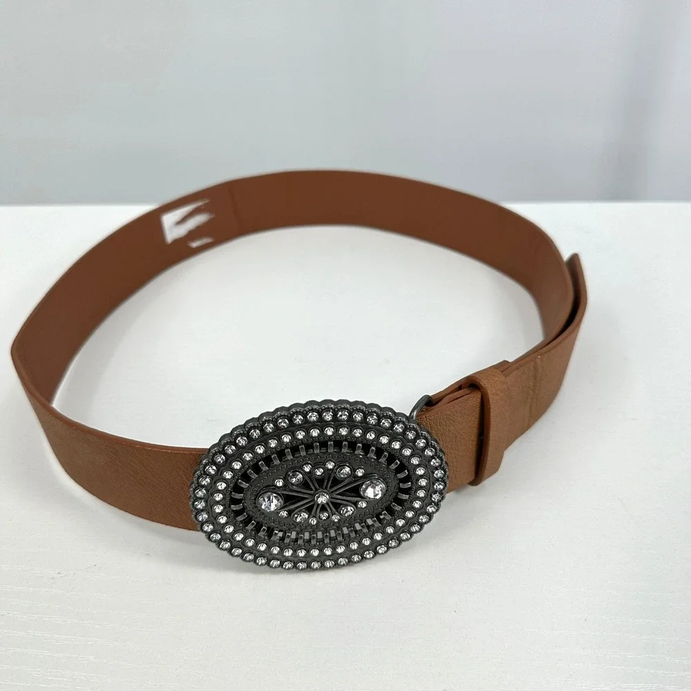 Cognac Brown Faux Leather Belt Oversized Rhinestone Western Buckle Size 5